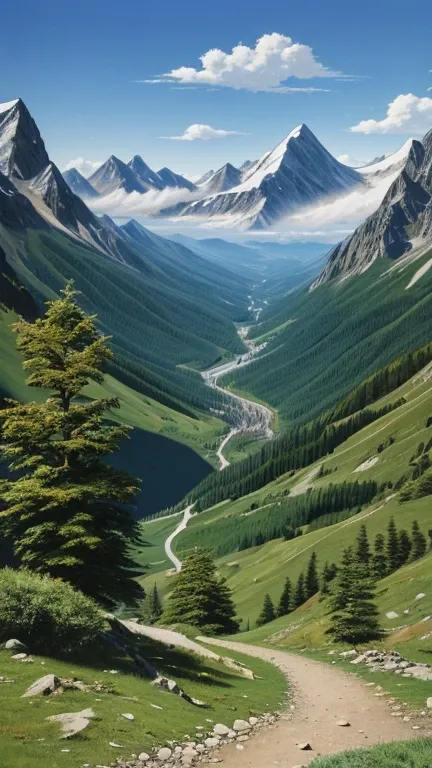 A realistic painting, mountains captured by a camera, mountain ranges, high mountains, within the mountains, in nature, hiking trails, breathtaking scenery, summer, daytime.