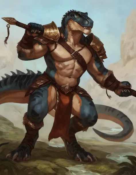 male anthro tyrannosaurus, concept art, masterpiece, big body, high quality, feet, loincloth, warrior outfit, pose, by oouna, di...