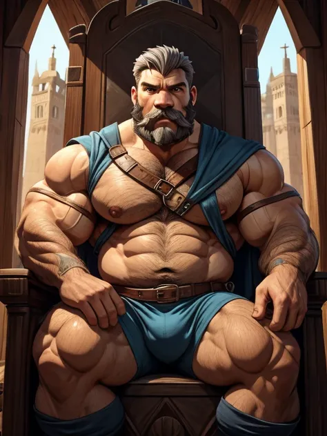 burly virile bulky man, overmuscular and musclebound, bulging veiny muscles, broad shoulders, wide chest, overly thick arms and legs, thick body, a hulking figure with swelling muscles, a long bushy beard and a thick mustache, grey hair, a king sitting on ...