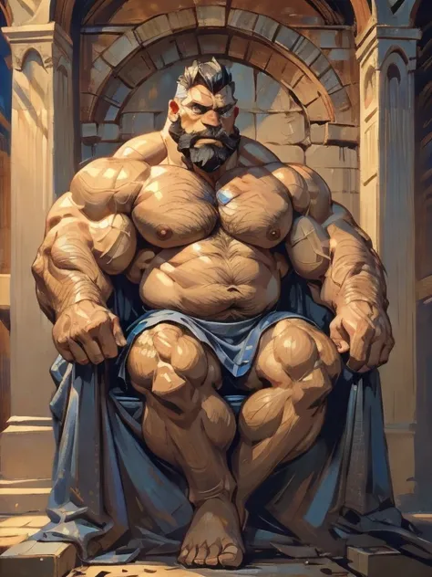 burly virile bulky man, overmuscular and musclebound, bulging veiny muscles, broad shoulders, wide chest, overly thick arms and legs, thick body, a hulking figure with swelling muscles, a long bushy beard and a thick mustache, grey hair, a king sitting on ...