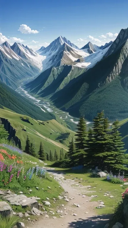 A realistic painting, mountains captured by a camera, mountain ranges, high mountains, within the mountains, in nature, hiking trails, breathtaking scenery, summer, daytime.