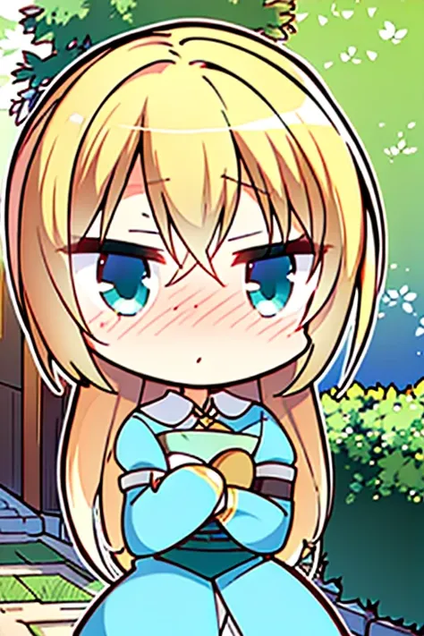 A blonde haired female knight with teal eyes is blushing in a garden