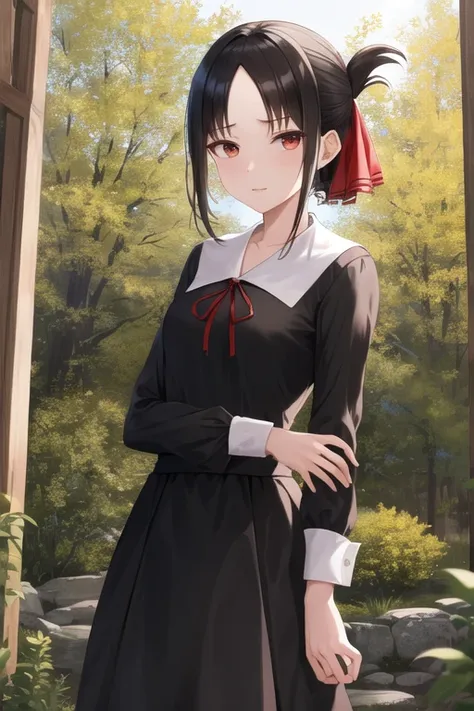 masterpiece, best quality, highres, aakaguya, short hair, folded ponytail, hair ribbon, parted bangs, neck ribbon, red ribbon, black dress, black shirt, long sleeves, black sleeves, standing, cowboy shot, outdoors, looking at viewer,