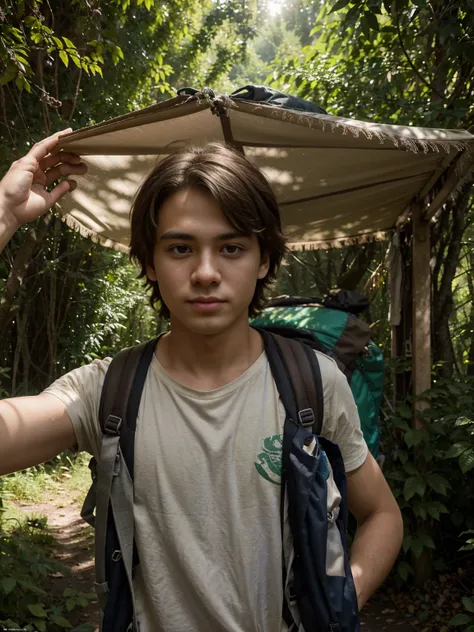 Illustrate the transformative moment of an 18-year-old boy standing at the precipice of adulthood, his backpack filled with essentials for his journey ahead. In the backdrop, a verdant forest beckons, its lush canopy promising both challenges and revelatio...