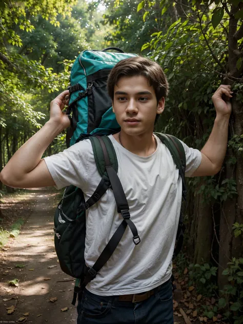 Illustrate the transformative moment of an 18-year-old boy standing at the precipice of adulthood, his backpack filled with essentials for his journey ahead. In the backdrop, a verdant forest beckons, its lush canopy promising both challenges and revelatio...