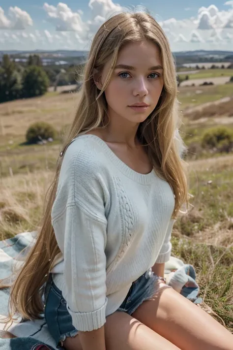 1 american girl, 8k, realistic, shoulder view, shoulder length blonde hair, sitting on blanket in grass, blue sky, white clouds, close up, brown sweater, denim shorts