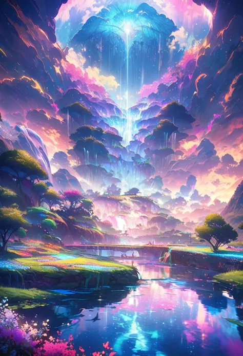 baptism,Baptism,Garden of Eden,Colorful,Dreamy landscape, cloud, light piercing through the cloud, Reflection on the surface of the water, Gentle waterfall,flower々,Quiet atmosphere, Richness in details, Surreal beauty, Magical Aura, Fantasy Landscape, High...