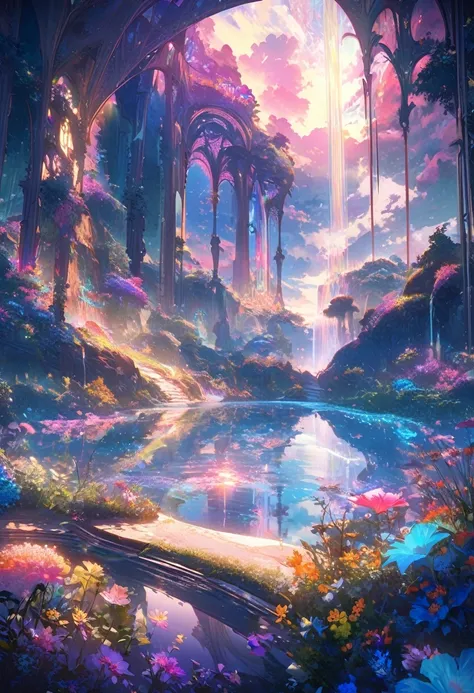 baptism,Baptism,Garden of Eden,Colorful,Dreamy landscape, cloud, light piercing through the cloud, Reflection on the surface of the water, Gentle waterfall,flower々,Quiet atmosphere, Richness in details, Surreal beauty, Magical Aura, Fantasy Landscape, High...