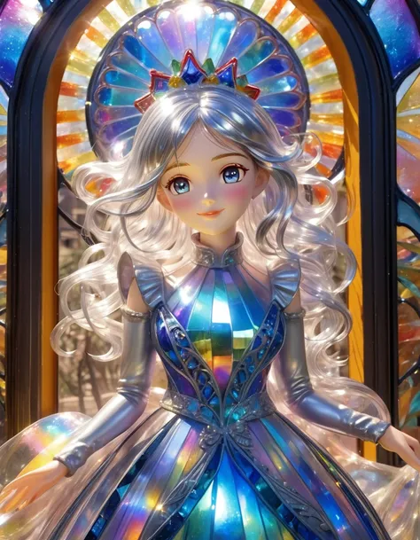 A sculpture made of Carnival glass, The Silver-Haired Princess Made of Glass, smile, She stands within a transparent glass castle, her silver hair reflecting the sun’s light, creating a rainbow shimmer around her. Her eyes are a deep blue, holding the twin...