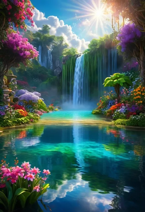 baptism,Baptism,Garden of Eden,Colorful,Dreamy landscape, cloud, light piercing through the cloud, Reflection on the surface of the water, Gentle waterfall,flower々, flower ,Quiet atmosphere, Richness in details, Surreal beauty, Magical Aura, Fantasy Landsc...