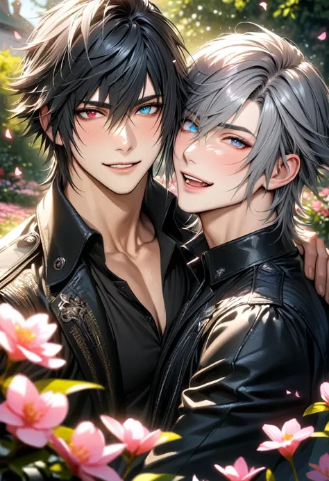 absurdres, highres, ultra detailed, HDR, masterpiece, realistic face, Riku, spiky grey hair, heterochromia, left eye red, right eye blue, Final Fantasy xv, Noctis Lucis Caelum, black hair, expressive blue eyes, 2men together, gay couple, handsome, happy, g...