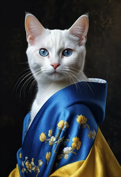 A hyper-realistic digital artwork of an adorable cute white cat in the style of Johannes Vermeers Girl with a Pearl Earring. The cat should be wearing a blue and yellow headscarf and a yellow robe, similar to the attire in the original painting. The backgr...