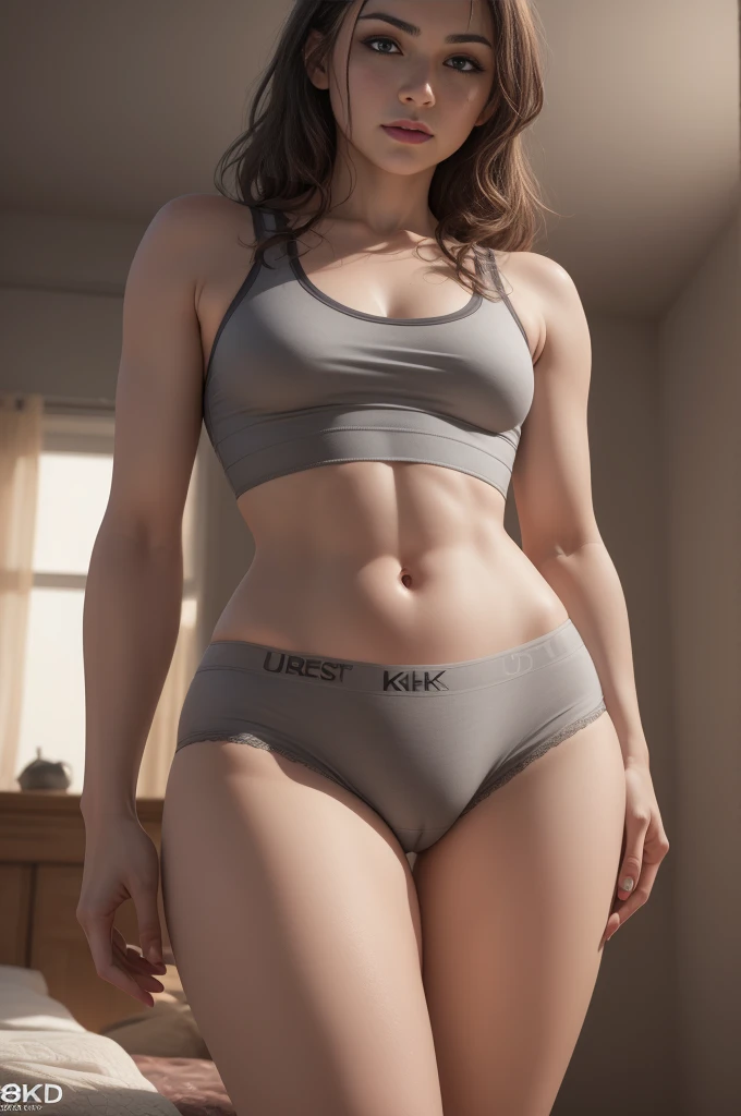 (((ultra realistic, ultra detailed, The best quality, 8k, HDR))), ((small, flat, woman, tight grey underwear)), (cameltoe), room