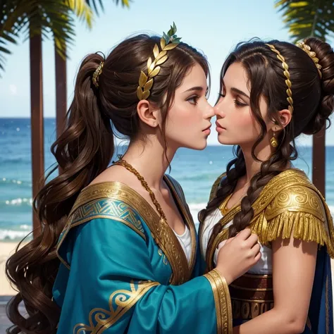 Young woman with brown eyes and wavy brown hair tied in a half ponytail with a golden laurel wreath and a Greek outfit kissing a teenager with short brown hair and ocean blue eyes 