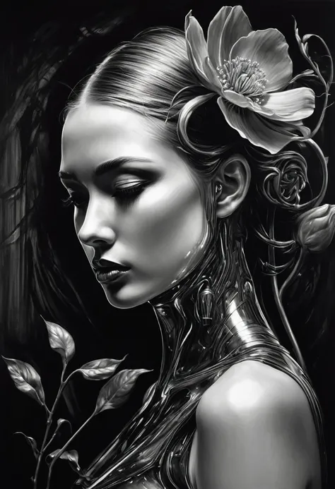 A captivating charcoal drawing that evokes a hauntingly beautiful and sinister atmosphere, featuring an android pariah tenderly embracing a swaying flower. The striking contrast between the androids metallic and mechanical features and the delicate fragili...