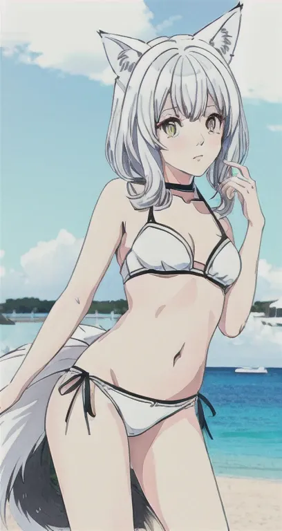 anime girl with cat ears and tail in a white bikini, neferpitou, holo is a wolf girl, anime catgirl, white cat girl, cute anime catgirl, seductive anime girl, beautiful anime catgirl, white - haired fox, holo if a wolf girl, wolf ears, attractive cat girl,...