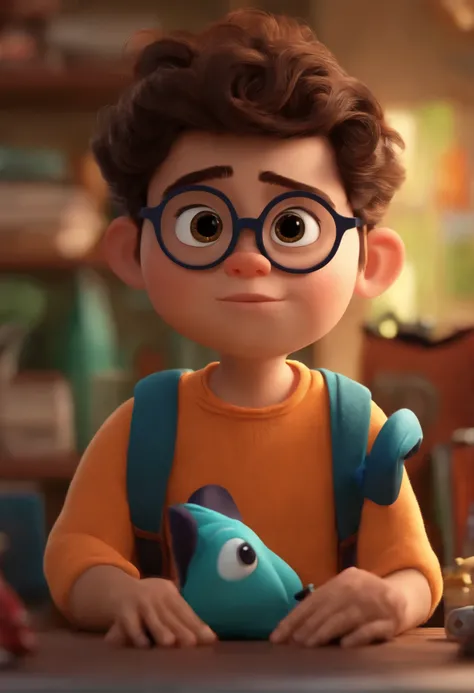 Menino estilo desenho animado, Pixar, cabelo muito curto, Glasses making design on the computer