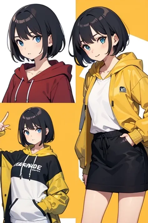 girl wearing hoodie jacket with cute short hair. Hard poses. Use the golden ration, good viewing angle 