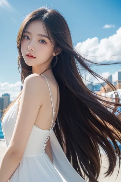 one girl, close up, 8k, top-quality, city background, daylight, long hair, hair flows in wind, hand caresses hair, good-quality anatomy, eye contact with viewer, blue sky, white clouds, flowy dress