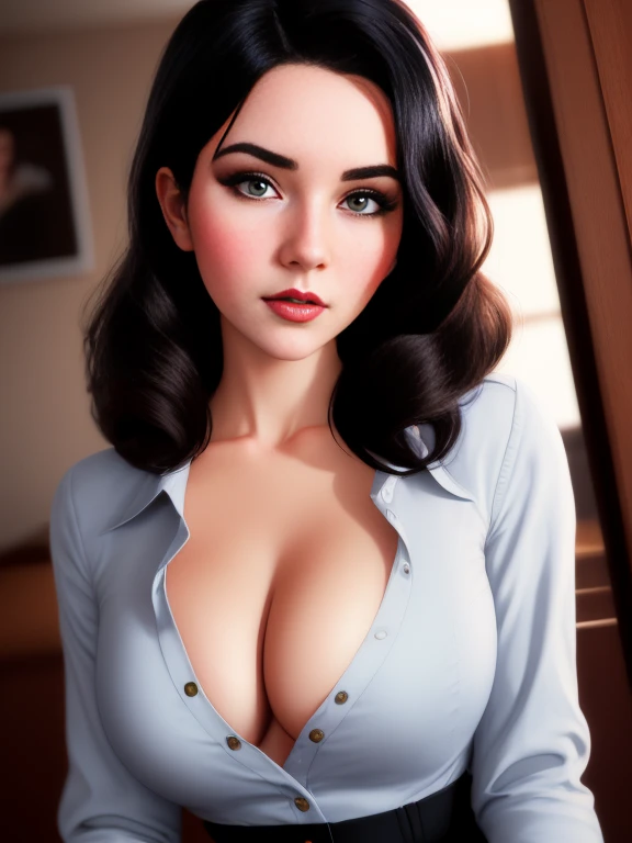 A stunning intricate full color portrait of Elizabeth Comstock, pale skin, black hair, wearing a button up blouse, deep cleavage,, seductive, portrait, by ilya kuvshinov, alessio albi, nina masic, sharp focus, natural lighting, subsurface scattering, f2, 3...