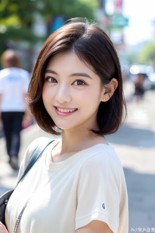 ((highest quality、8k、masterpiece:1.3))、Chubby body type、(Laughter)、(street:1.3)、Detailed face and skin texture、Clear eyes、double eyelid、Whitening skin、(short hair、Air Van:1.3)、(Round face:1.5)、(Casual clothing:1.4)、Japanese women