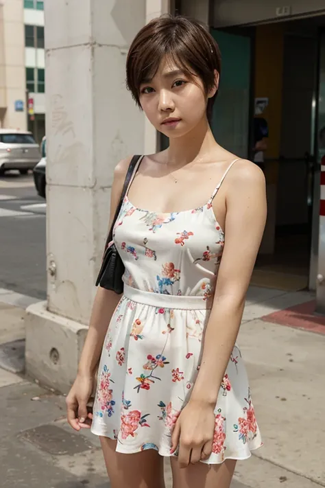 on the streets of Los Angeles, korean girl, holding cell phone, eye contact with viewer, clear skin, extremely short hair, pixie haircut, brown hair, floral dress