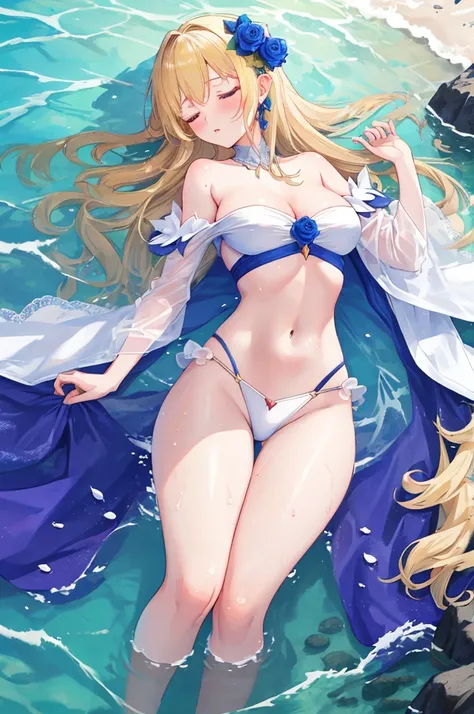 masterpiece，8k，Fairy tale style，Rose Princess，sleeping Beauty，A woman with medium ，(Gorgeous woman)，ahegao，Long blond hair，Protruding lower chest，Showing belly，(Slender thighs)，Lying in the sea，Soaking in sea water up to the belly，Wet clothes，