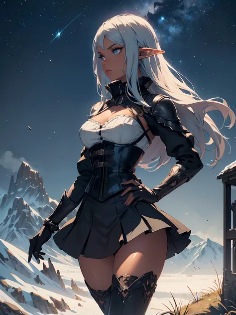 masterpiece, high quality, 1_woman, ((upper body)), ((hand on hip)), standing, (exotic skin_complexion:1.4), mature, (looking away from the viewer), (BLUSHING face), tall, beautiful, exotic, with long elf ears, long hair, silver hair, detailed face, having...