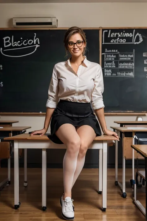 full body photography of a 40 years-old woman with fashion hairstyle, sitting on the classtable in front of the classroom, blackboard with some formulas as a background. she wear a white buttonless shirt and black short skirt, dark leggins, black shoes, we...