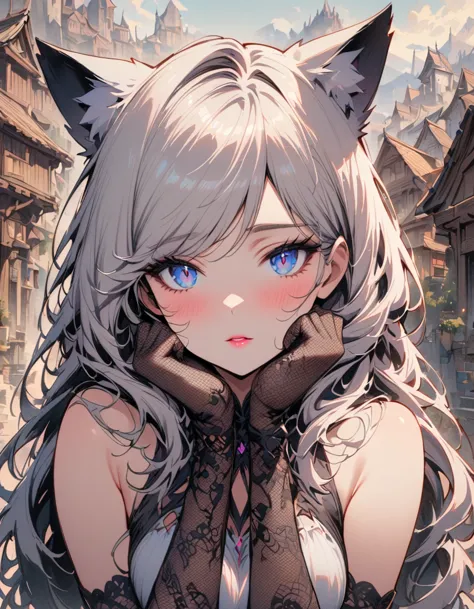 sfw, masterpiece, highres, 1 girl, solo, standing, looking at the viewer, white long hair, cat ears, blue pupils, detailed eyes,...