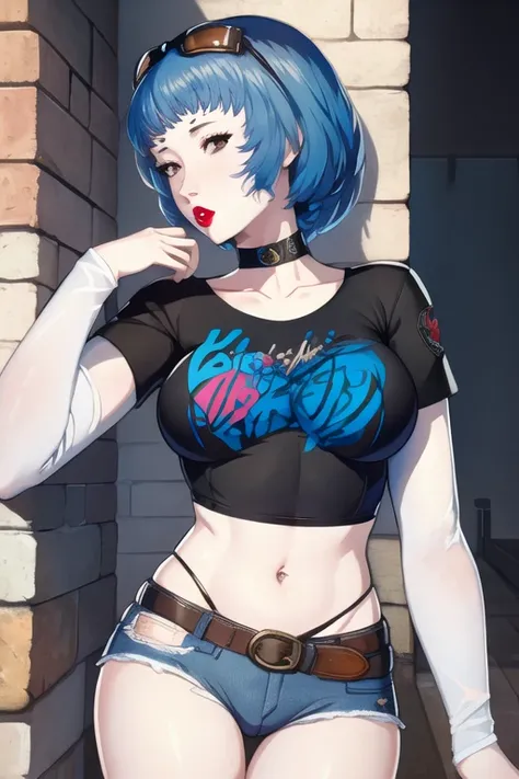 (masterpiece, best quality:1.2), solo, 1girl, marianne, blue hair, black t-shirt, white shirt, blue jeans, belt, lipstick, large...