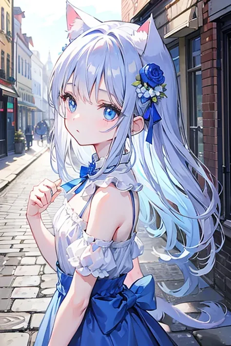 toddler girl, walking Cobblestone Street, Blue eyes, big eyes,droopy eyes, With blue flower corsage ,Slender body, upper body, White long hair, cat ears, cat tael