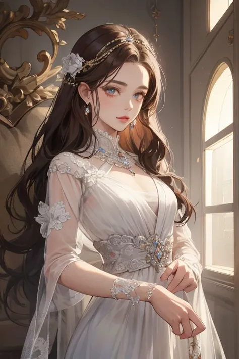  old girl, girl, 1 girl, Beauty full, elegant, Shine, Painted an equal eye, (Feminine God) Looking at the camera, Depicting delicate facial features, Stylish clothing, long curled brown hair, Extremely detailed, Delicate depiction, Iris, Royal, elegant, No...