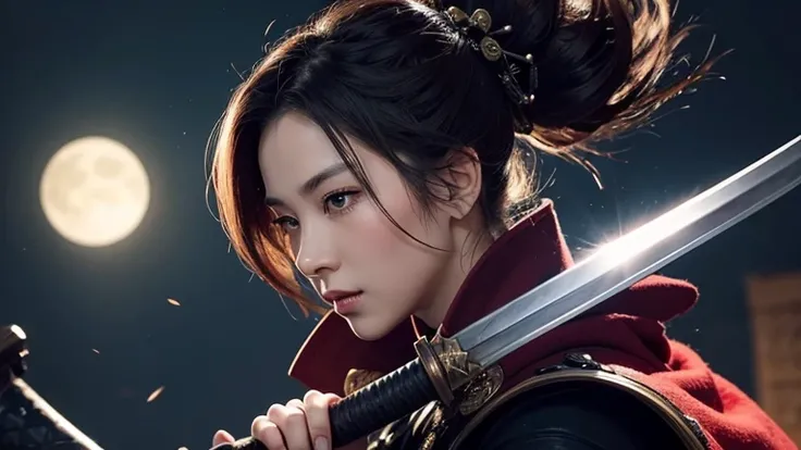 Samurai, a beautiful woman, holding a hilt of katana sword .
dark night　battle super detailed　