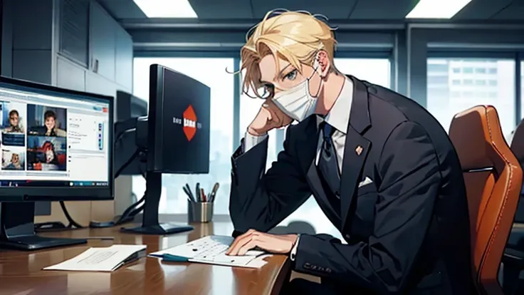 masked men wearing a suit , sitting in a youtube office , computers on table , front view , YOUTUBE , talking, blonde hair , making videos , alone