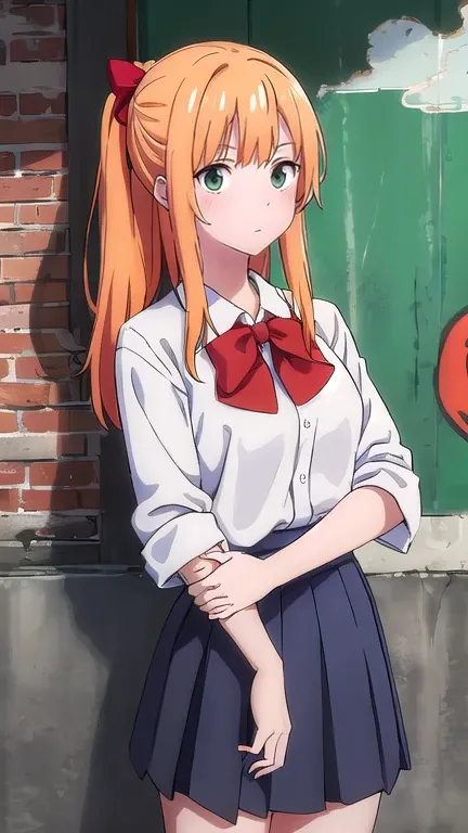 best quality,4k,8k,highres,masterpiece:1.2),umasterpiece,high quality,solo,
Orange hair, green eyes, 
gray skirt, whi sleeve blouse, red bow, , green zhongshan, high quality, school graffiti in the background. 