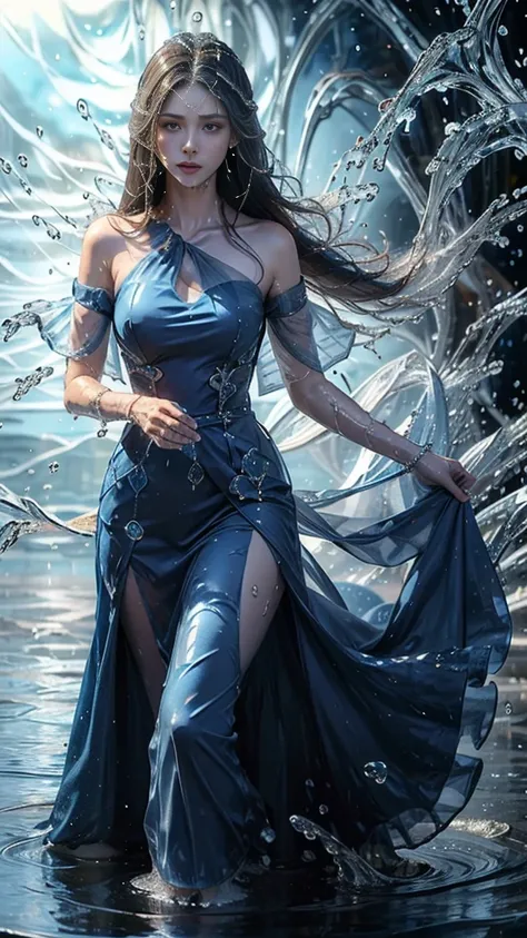 8K, ultra detailed, masterpiece, 1 water girl, good face, detailed eyes, very long hair, hire hair, (water dress:1.8),  ( royal blue dress:1.5), (spreading water:1.5), (water aura:1.4), water in hands, perfect body,