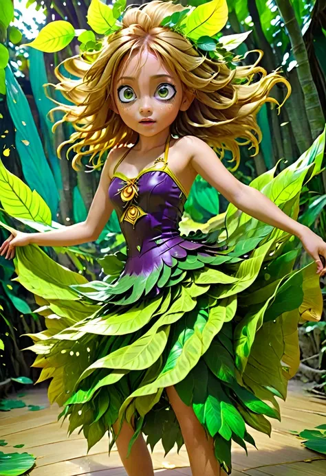 After the Ocean split in half: Out steps a Girl with green huge eyes, Yellow-costed Honey-Brown hair. wearing a purple gittering strapless tank top, green skirt covered in leaves and straw ((Dancing)) ((Drumbs Appear at her feet))