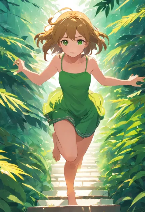 After the Ocean split in half: Out steps a Girl with green huge eyes, Yellow-costed Honey-Brown hair. wearing a purple gittering strapless tank top, green skirt covered in leaves and straw ((Dancing)) ((Drumbs Appear at her feet))