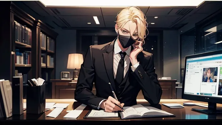 blonde hair masked men , wearing a black suit , sitting in a office with computers on his table , editing videos alone in a private home office