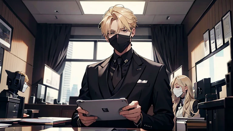 blonde hair masked men , wearing a black suit , sitting in a office with computers on his table , editing videos alone in a private aesthetic home office , front view