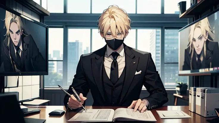 blonde hair masked men , wearing a black suit , sitting in a office with computers on his table , editing videos alone in a private aesthetic home office , front view