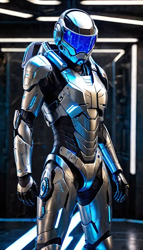 the image depicts a futuristic humanoid figure clad in advanced protective gear. the suit is predominantly silver with blue acce...