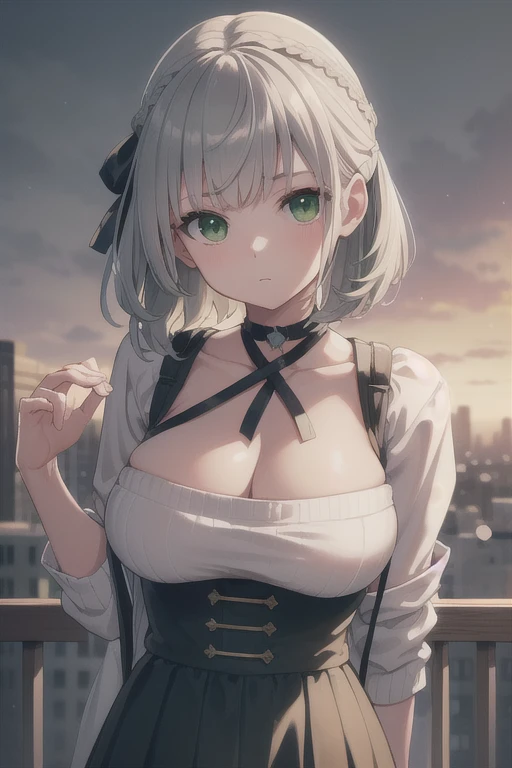 Noel Shirogane, Shirogane Noel, Braiding, french Braiding, (Green Eyes:1.5), Grey Hair, hair ribbon, ribbon, short hair, Snowflake choker, Wavy Hair, Huge breasts,
break casual, clavicle, High Waist Skirt, Official Alternative Costumes, Official Alternativ...