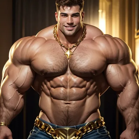 a very handsome, sweet and truly massive monster Caucasian bodybuilder is showing off his huge bicep muscles and meaty thighs. Smiling young adult. brown hair, powerfully muscled, massive shoulders and biceps. well-defined six pack. dressed as the superher...