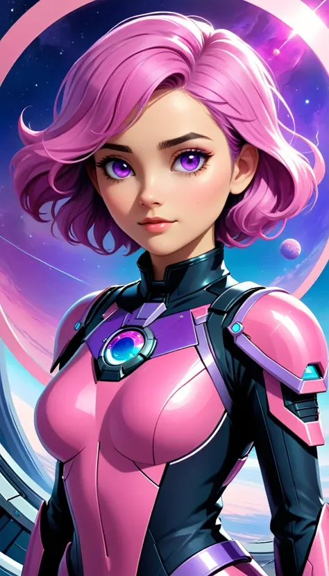 The image portrays a young woman with striking features, set against a backdrop of a futuristic landscape. Her hair, a blend of pink and purple hues, cascades down her shoulders, adding a touch of whimsy to her appearance. Her eyes, a mesmerizing shade of ...