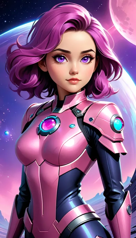 The image portrays a young woman with striking features, set against a backdrop of a futuristic landscape. Her hair, a blend of pink and purple hues, cascades down her shoulders, adding a touch of whimsy to her appearance. Her eyes, a mesmerizing shade of ...