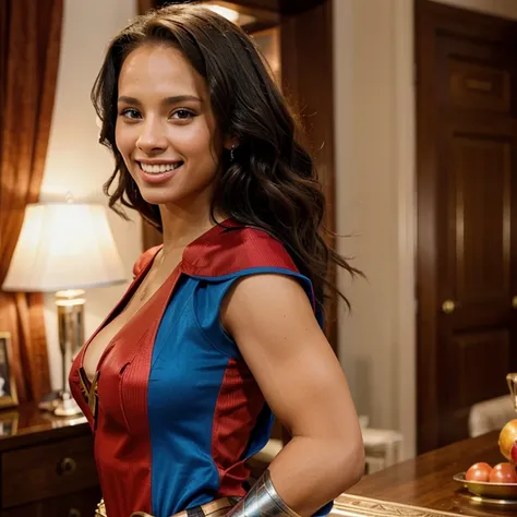 Alicia Keys dressed as sexy Wonder Woman and smiling