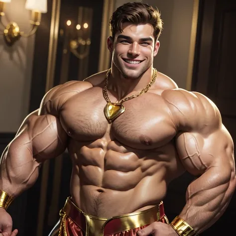 Dressed as the superhero “The Golden Muscle” a very handsome, sweet and truly massive monster Caucasian bodybuilder is showing off his huge bicep muscles and meaty thighs. Smiling young adult. brown hair, powerfully muscled, massive shoulders and biceps. w...