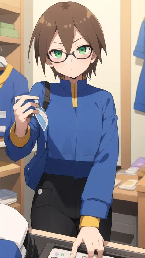 Aile_megamanzx, 1 girl, looking at viewer, Brown hair, green eyes ,bedroom background , Glasses, Cashier clothes 